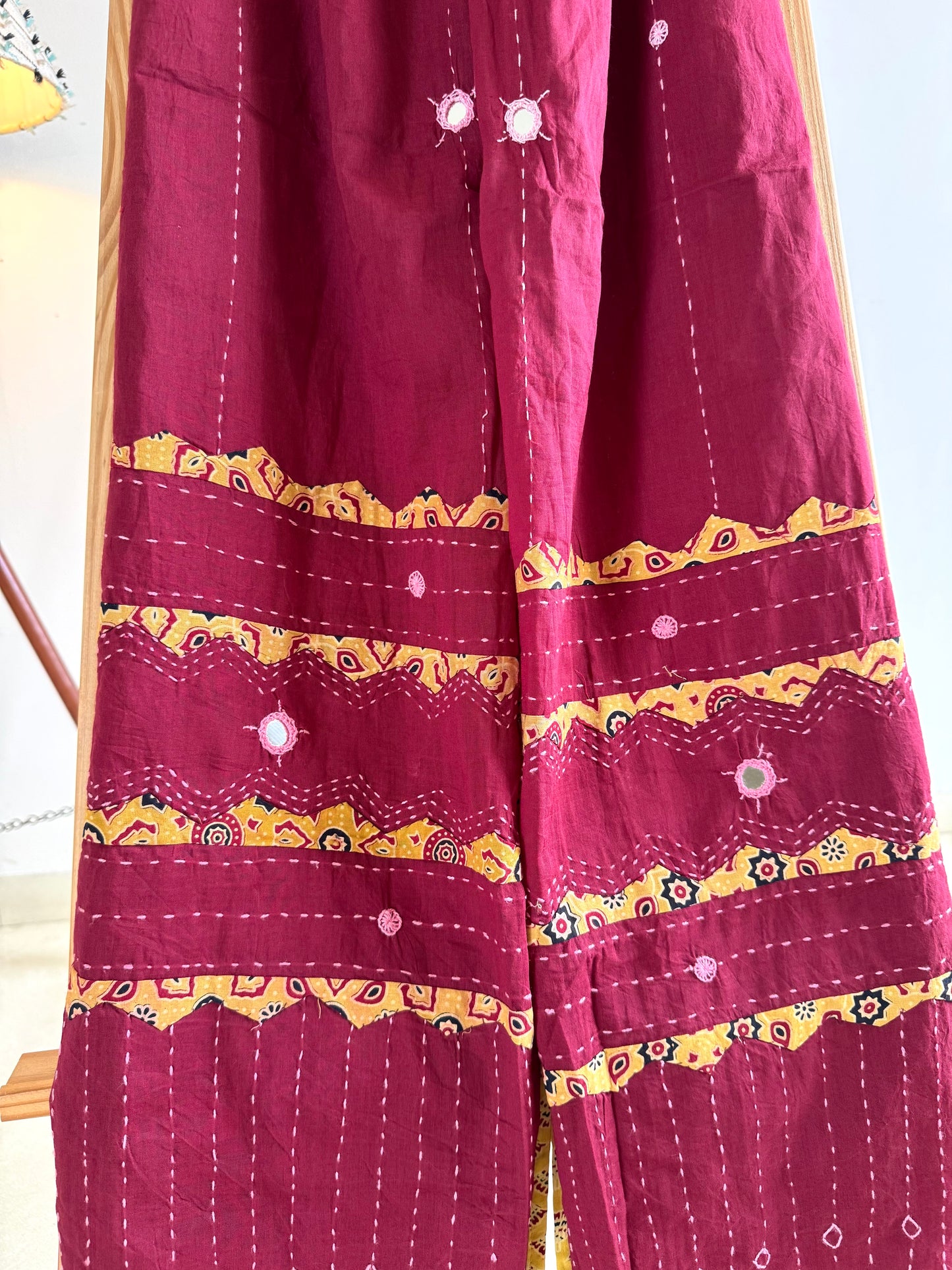 Ajrakh Applique & Kantha Embroidered Dupatta ~ Deep Red with Yellow Kantha Work