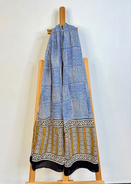 Raag πͺ· Mulmul Cotton Stoles ~ Blue Lines