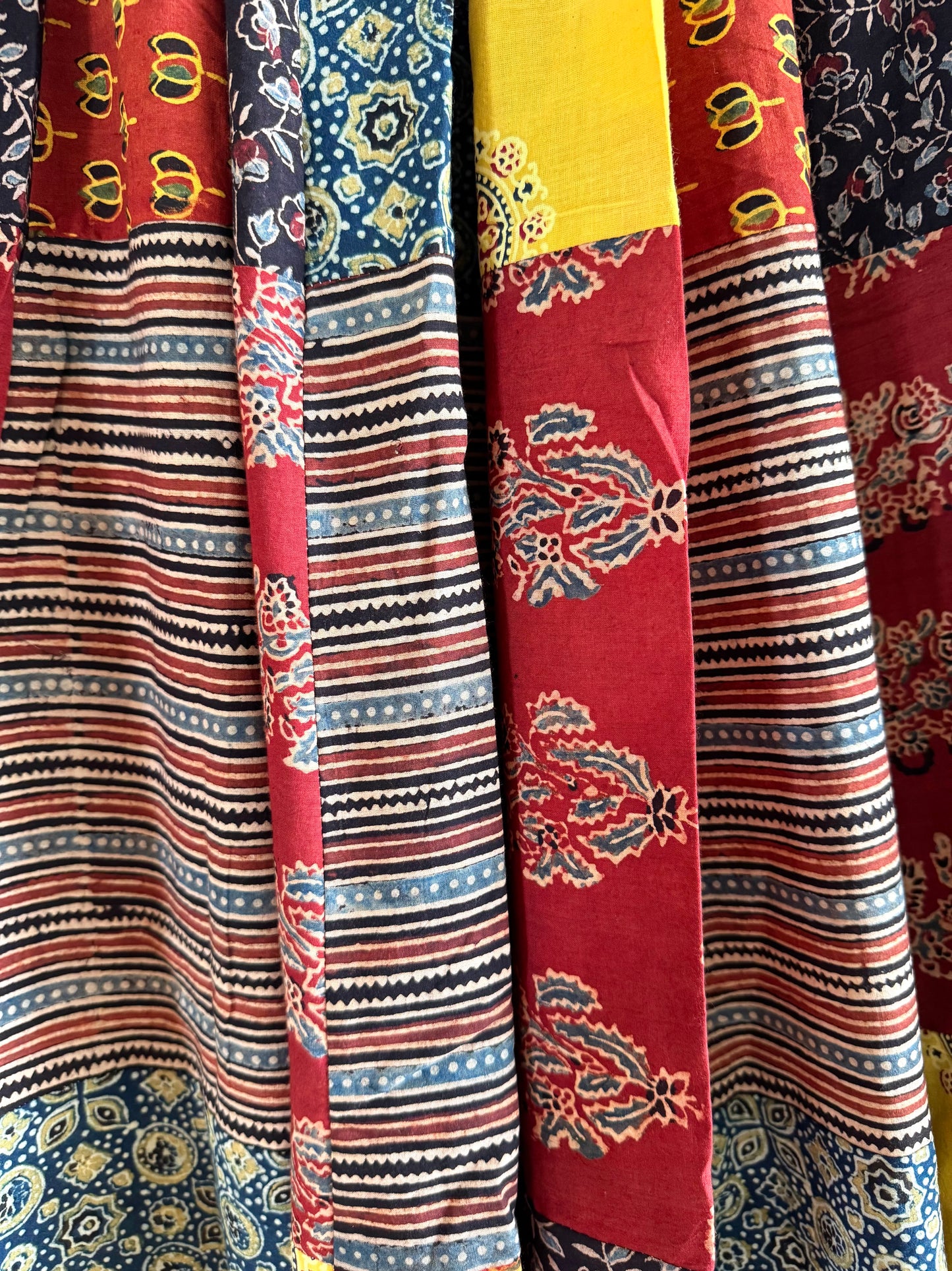 🌻Navrang ~ Ajrakh Long Skirt ~ Multicolor w/ blue polka dots