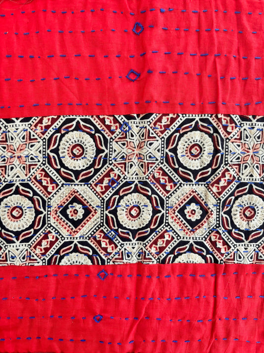 Brick Red ~ Ajrakh & Kantha Table Runner w/ Mats