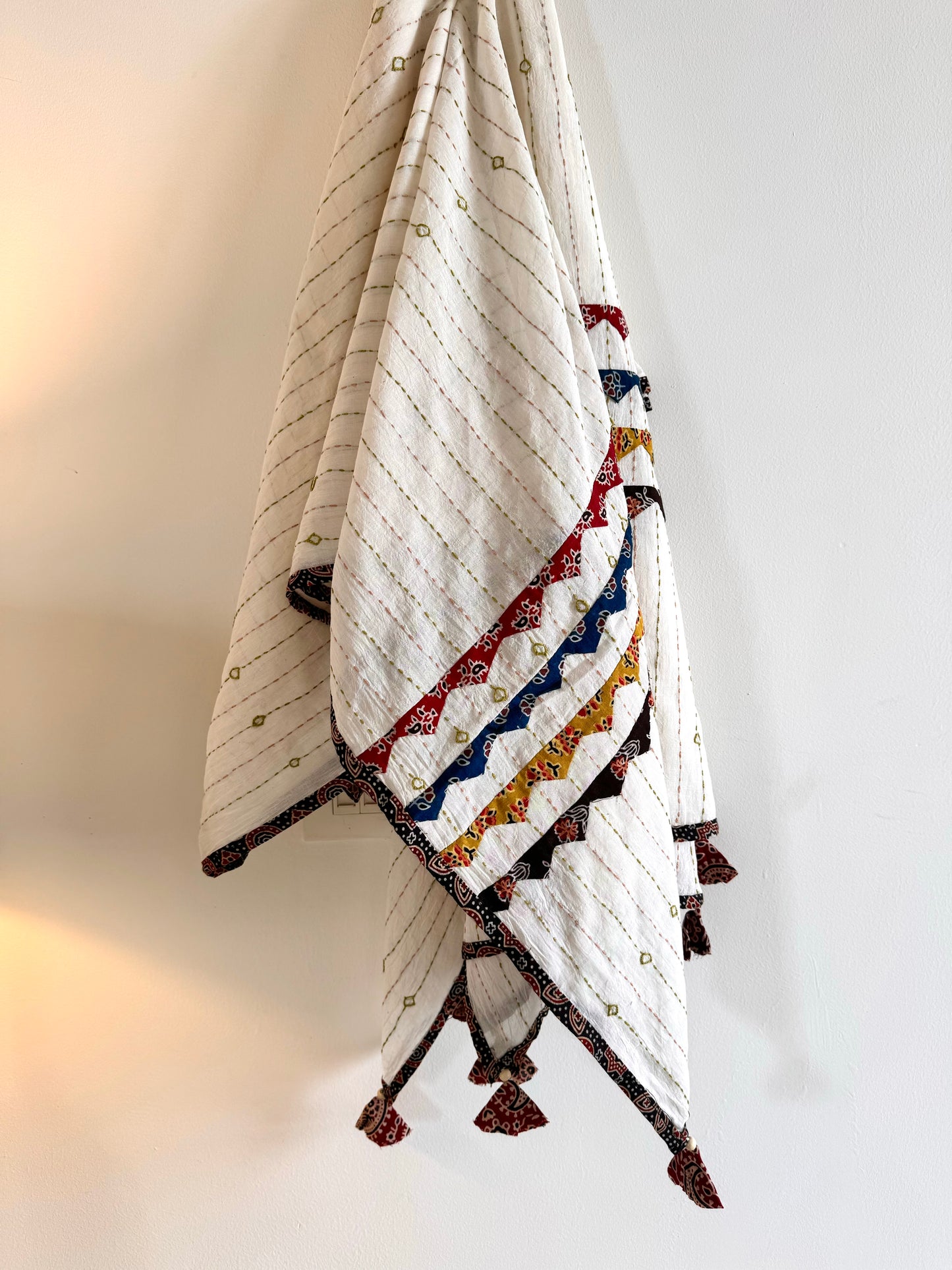 Ajrakh Applique & Kantha Embroidered Dupatta ~ White with Multicolor Patchwork