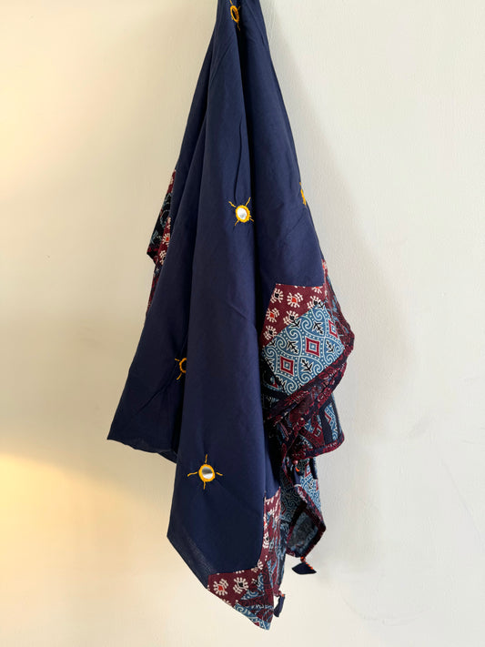 Ajrakh Applique & Kantha Embroidered Dupatta ~ Midnight Indigo