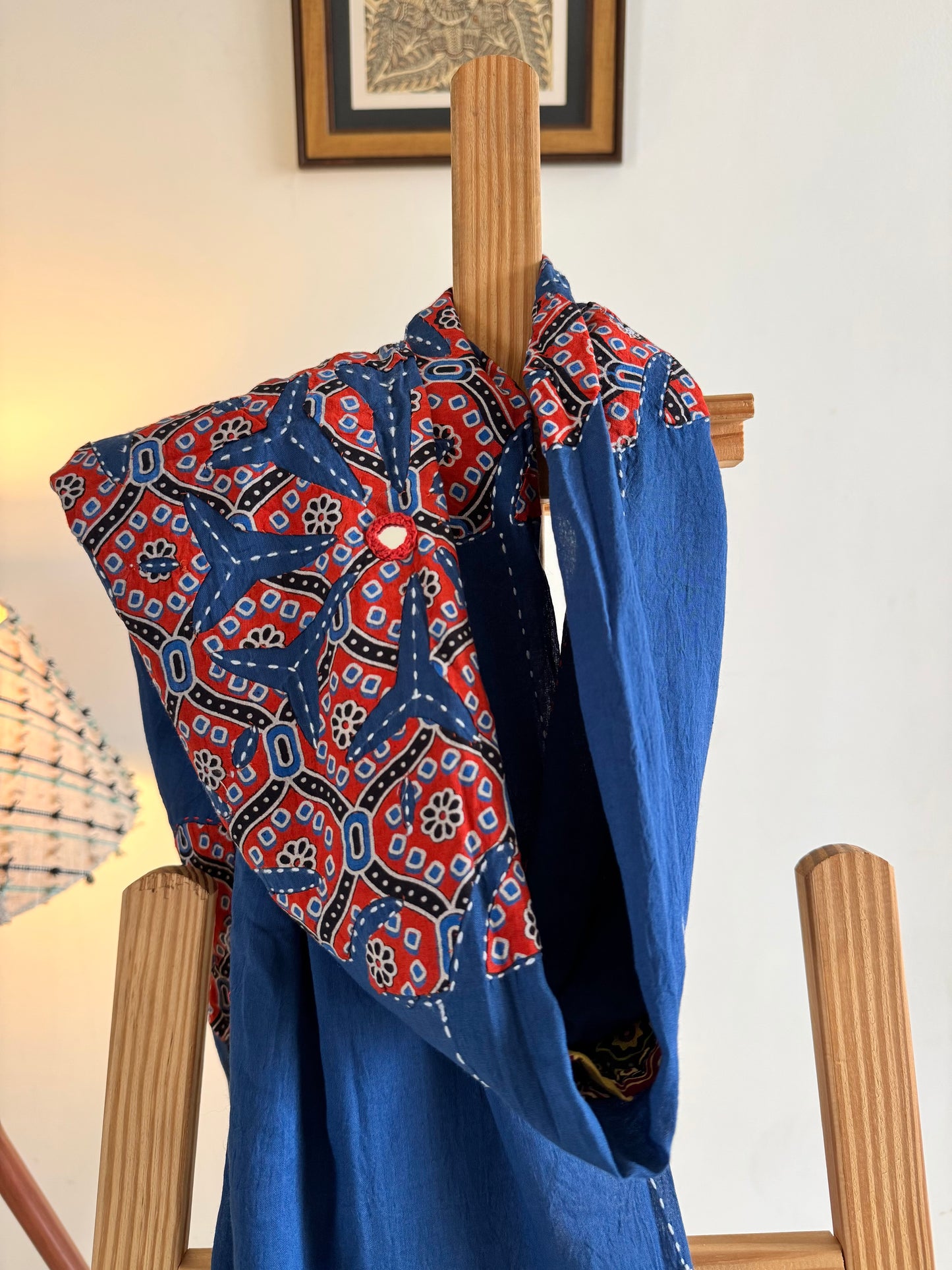 Ajrakh Applique & Kantha Embroidered Dupatta ~ Navy Blue w/ Orange Flowers