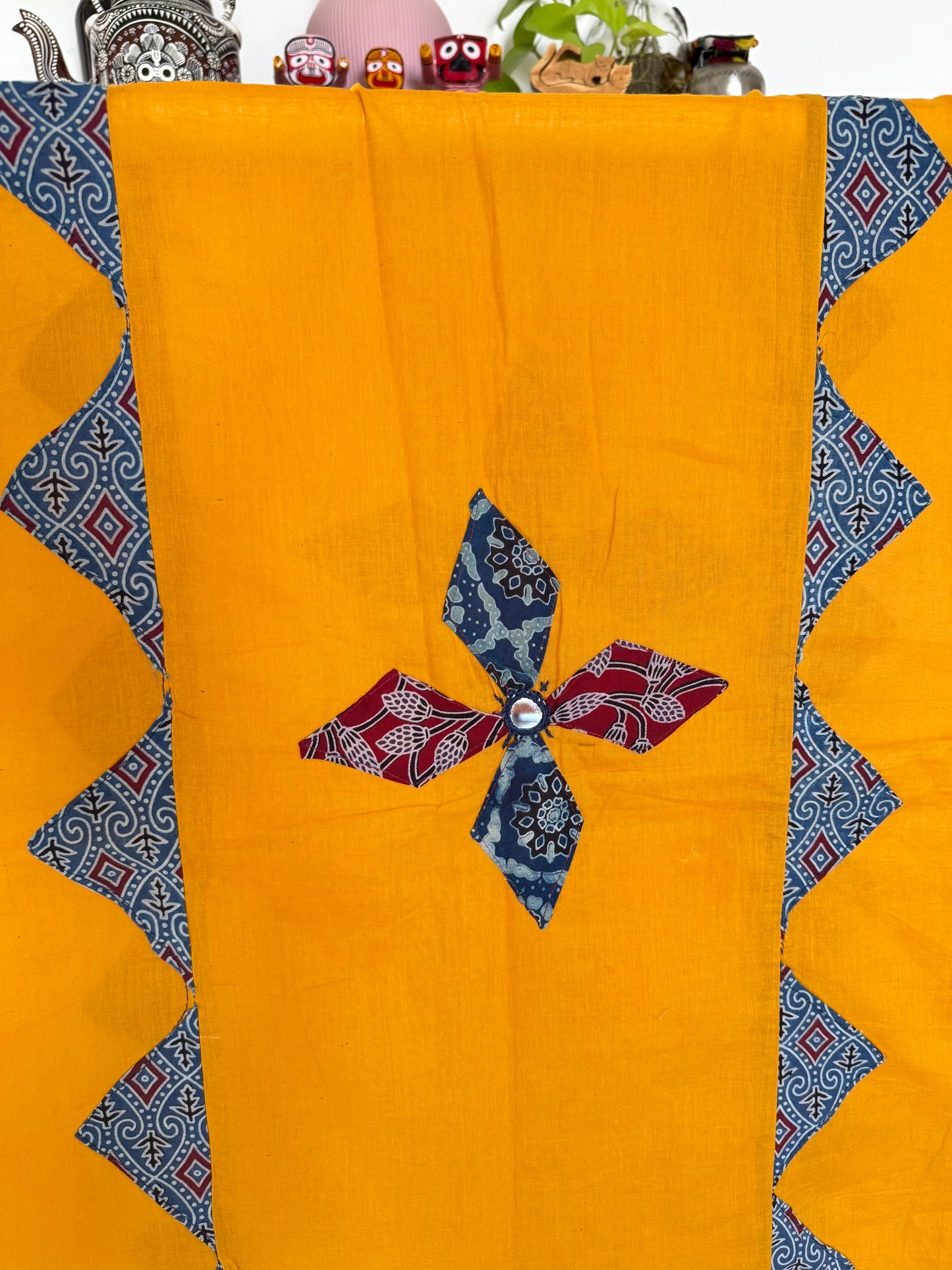 Ajrakh Applique & Kantha Embroidered Dupatta ~ Mustard Yellow with Flowers