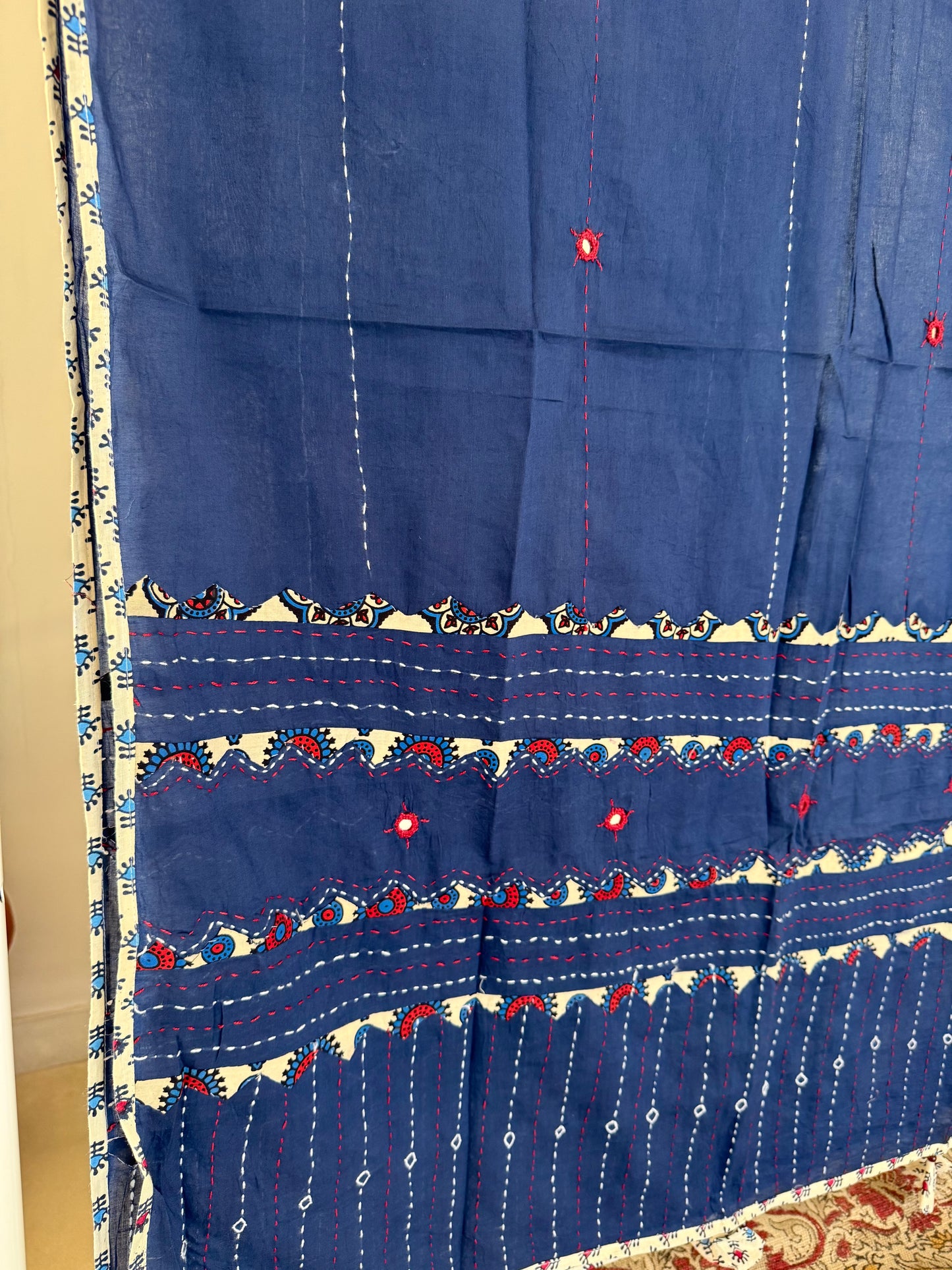 Ajrakh Applique & Kantha Embroidered Dupatta ~ Navy Blue with Kantha Work