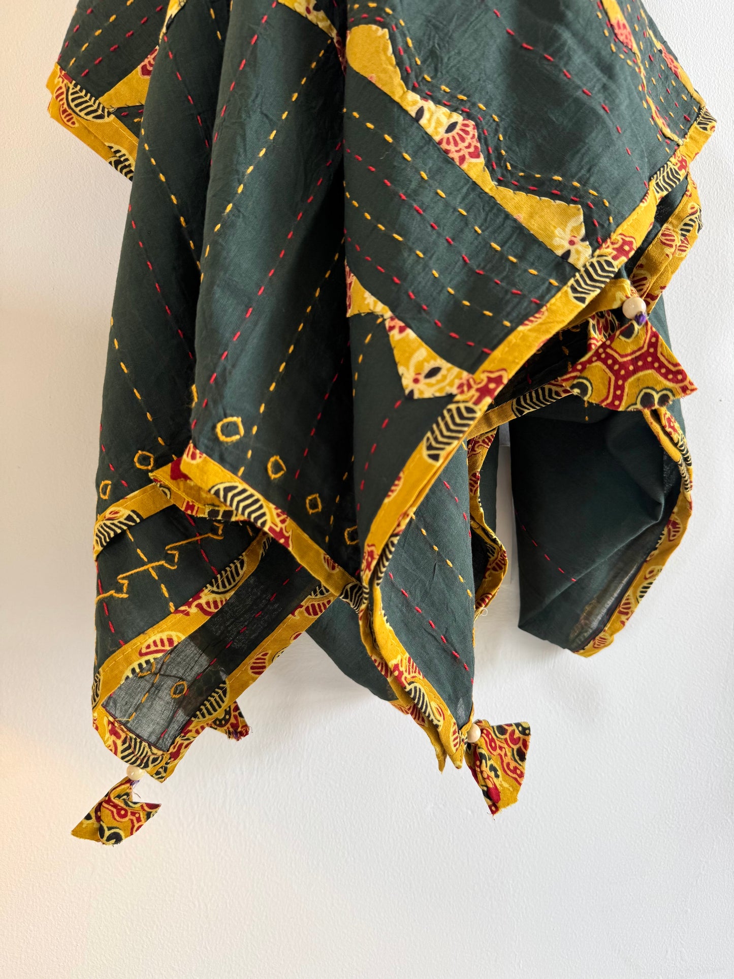 Ajrakh Applique & Kantha Embroidered Dupatta ~ Olive Green and Yellow