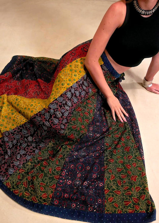 🌻Navrang ~ Ajrakh Handcrafted Lehengas ~ Multicolor Pleads w/ blue polka border
