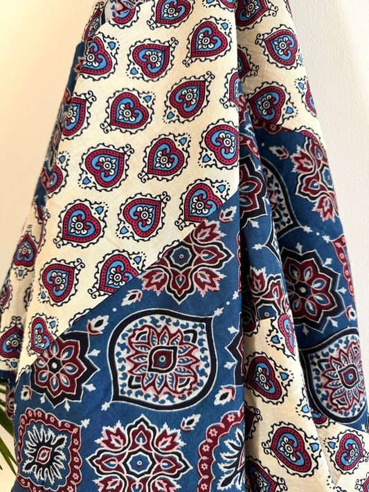 Ajrakh Dupatta ~ Pearl White & Sapphire Blue Chequered