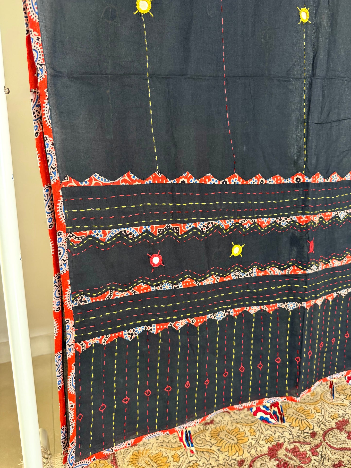 Ajrakh Applique & Kantha Embroidered Dupatta ~ Black with Orange Kantha Work