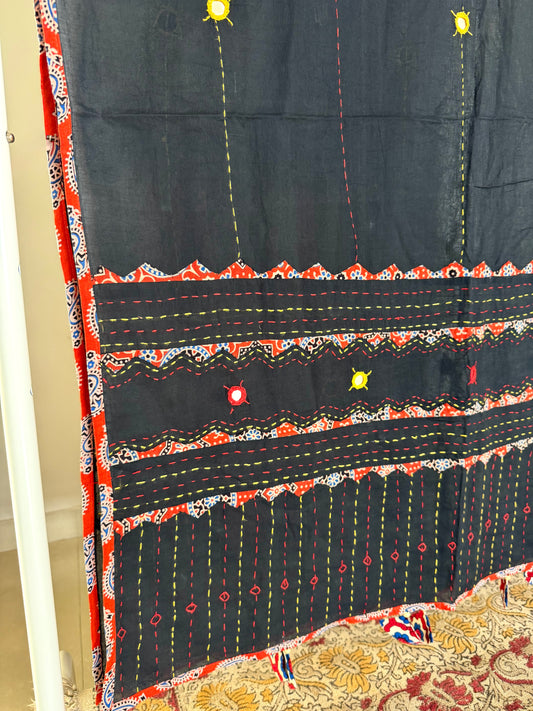 Ajrakh Applique & Kantha Embroidered Dupatta ~ Black with Orange Kantha Work