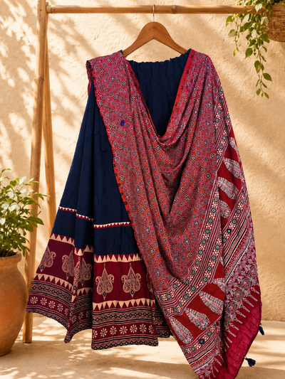 ⚜ Dharohar ~ Royal Blue & Maroon Ajrakh Lehenga & Dupatta Set