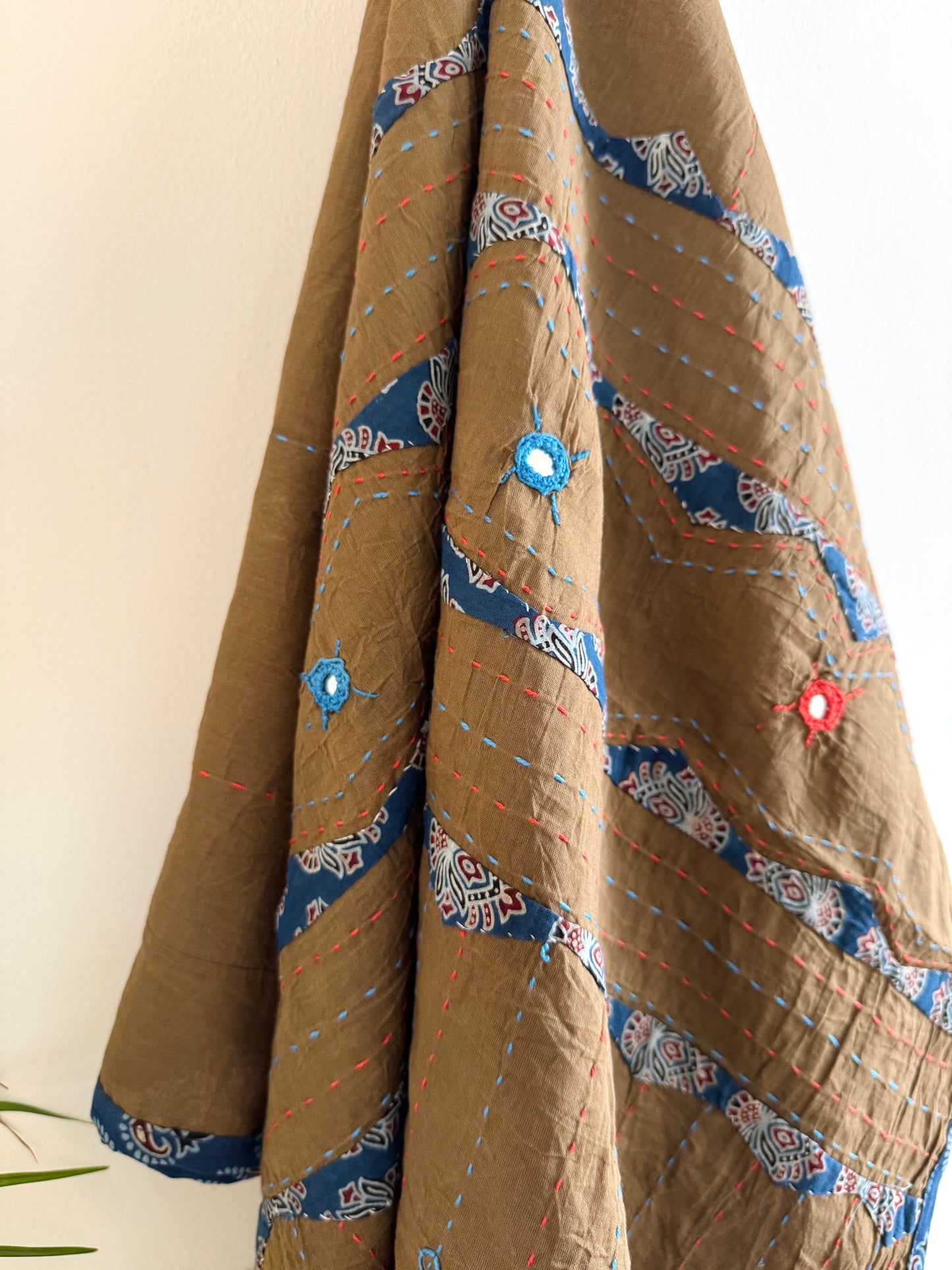 Ajrakh Applique & Kantha Embroidered Dupatta ~ Coco with Blue Patchwork