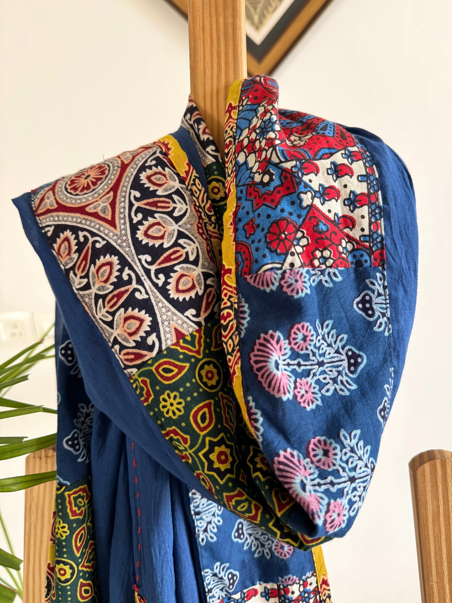 Ajrakh Applique & Kantha Embroidered Dupatta ~ Navy Blue with Mustard Flowers