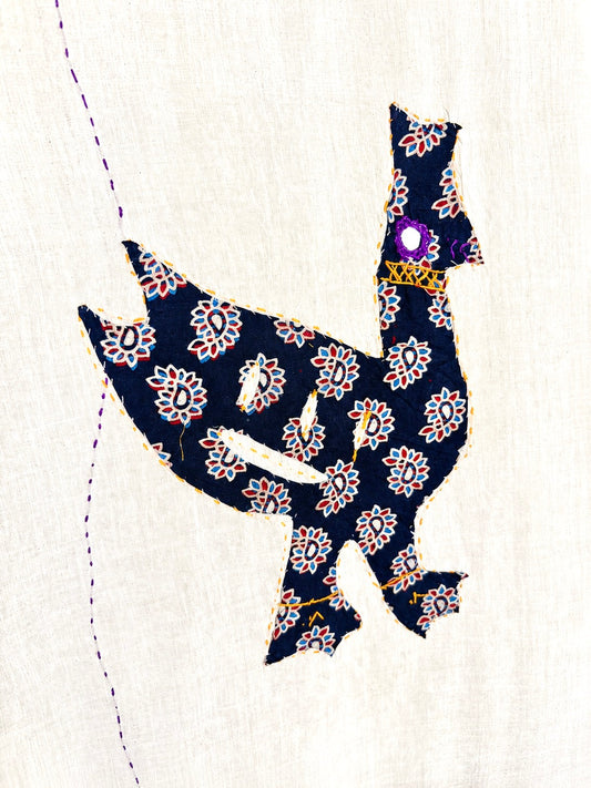 Ajrakh Applique & Kantha Embroidered ~ Mor Angan Dupatta - Black