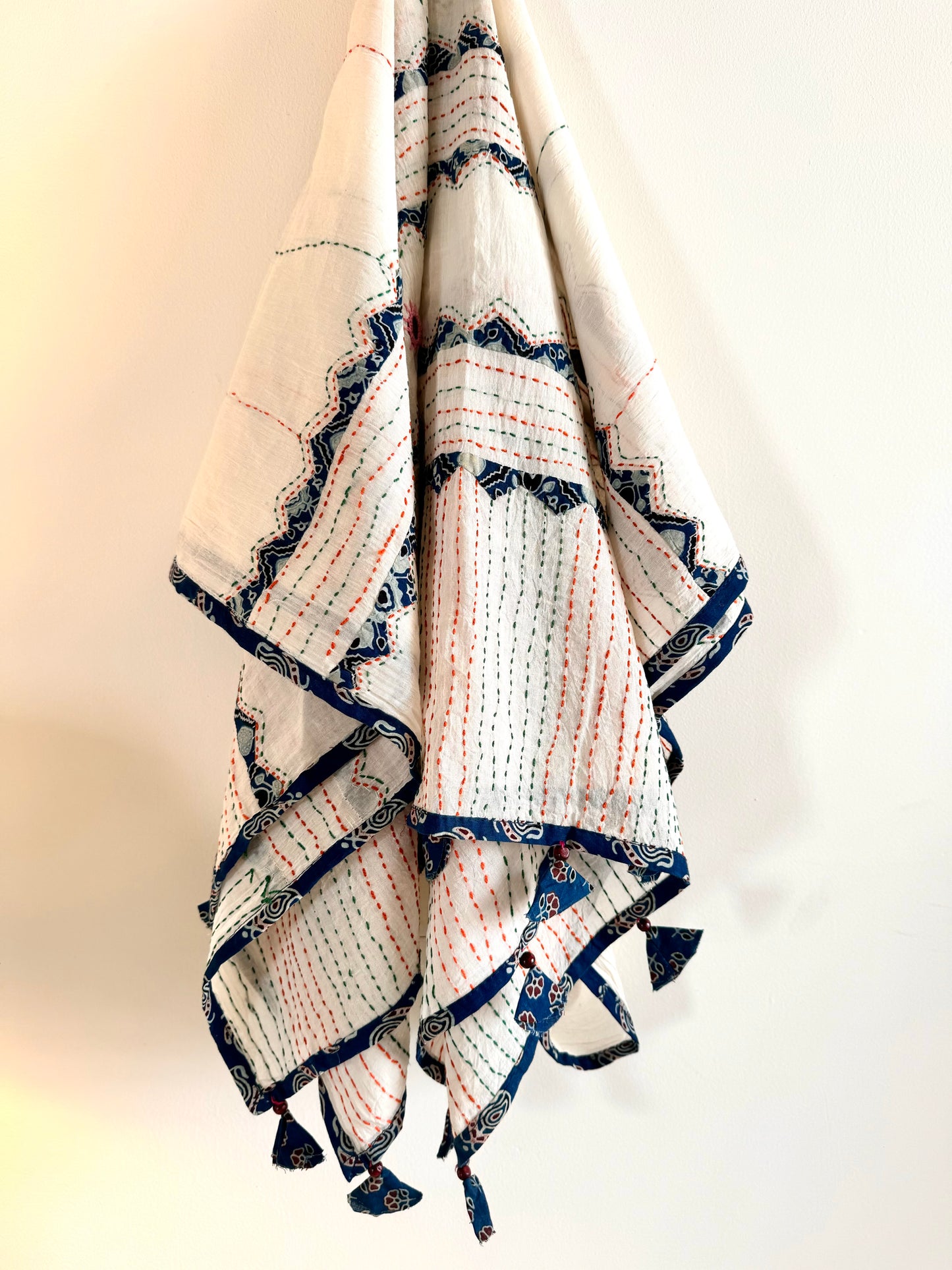 Ajrakh Applique & Kantha Embroidered Dupatta ~ White, Blue with Pink mirrors