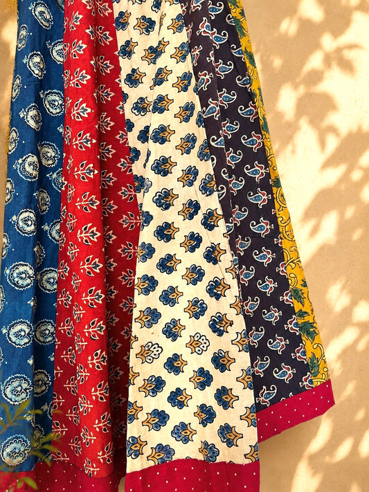 🌻Navrang ~ Ajrakh Long Skirt ~ Multicolor w/ red polka dots