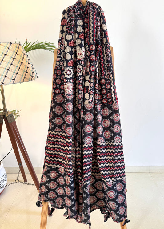 Ajrakh Applique & Kantha Embroidered Dupatta ~ Black Chequered