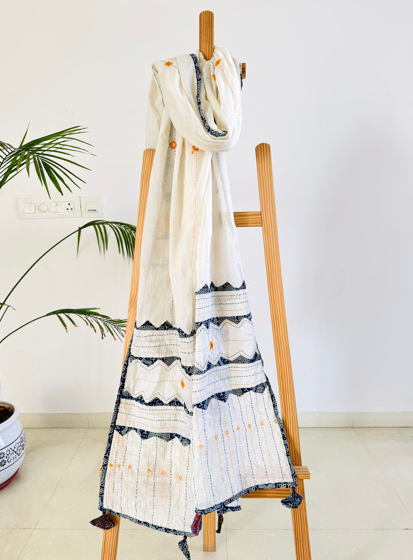 Ajrakh Applique & Kantha Embroidered Dupatta ~ White with Orange Mirrors