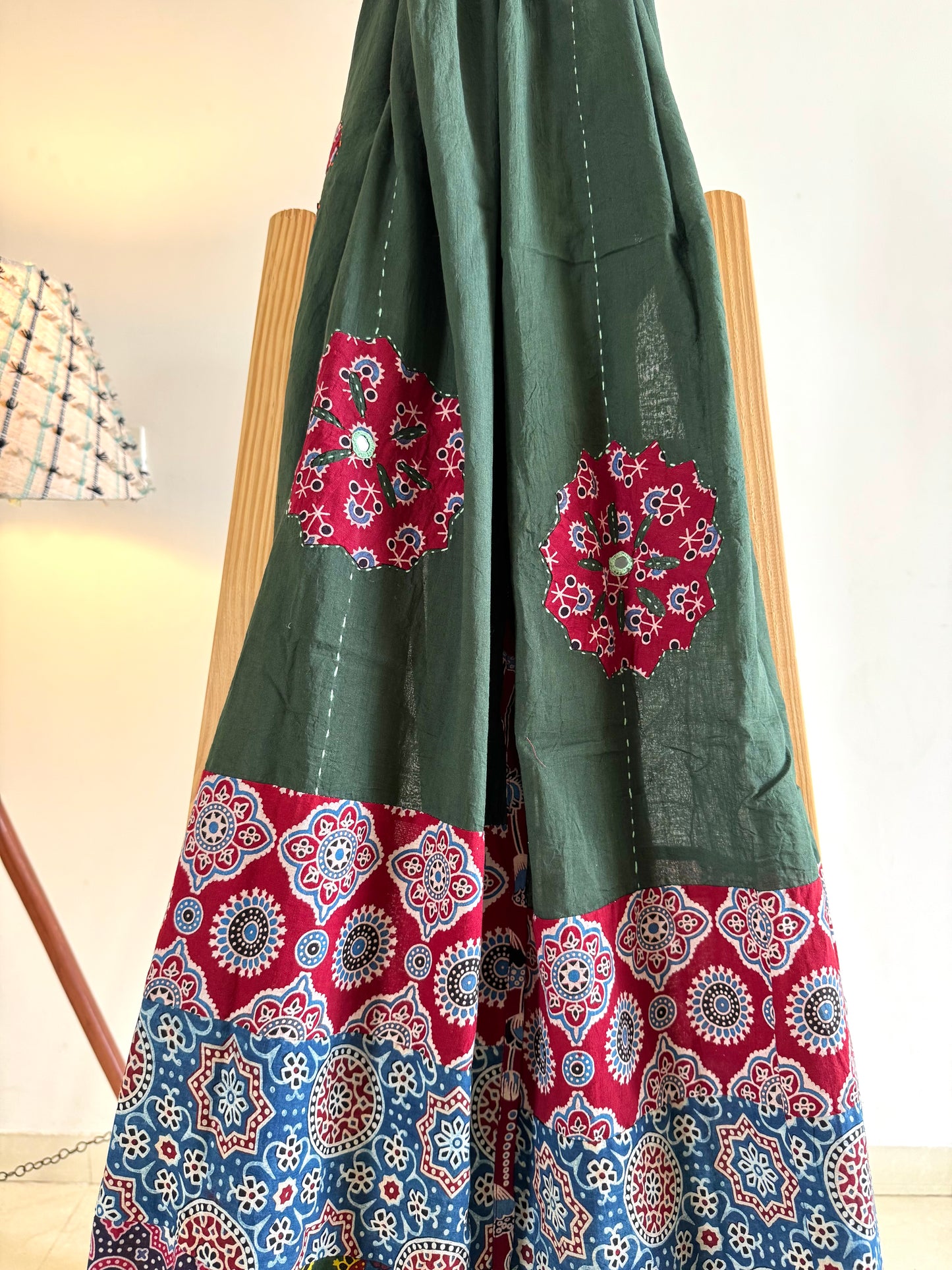 𓂃ོ⋆☀︎𓂃ᨒོ Ajrakh, Applique & Kantha Embroidered Dupatta ~ Olive Green with Ruby Crystals𑁍ࠬ