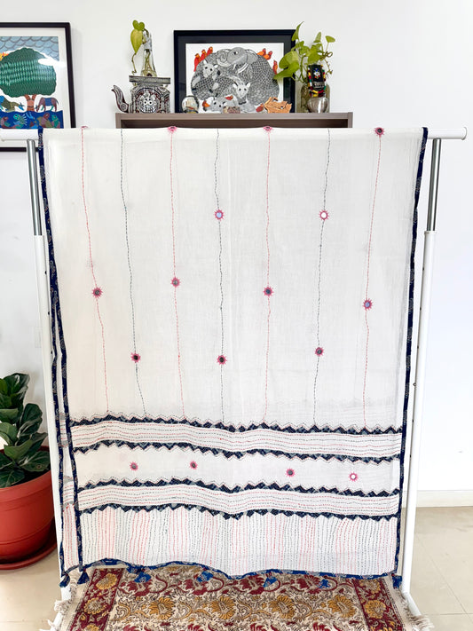 Ajrakh Applique & Kantha Embroidered Dupatta ~ White, Blue with Pink mirrors