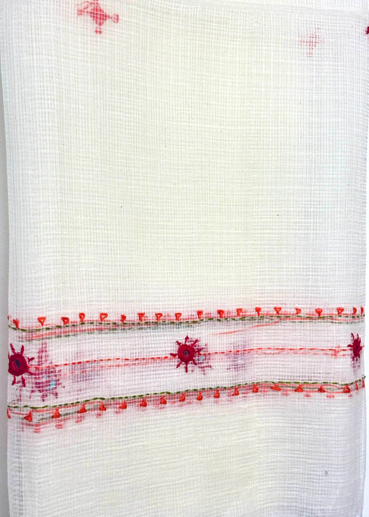 Kota Doria Hand Embroidered Dupatta ~ Beige w/ red flowers