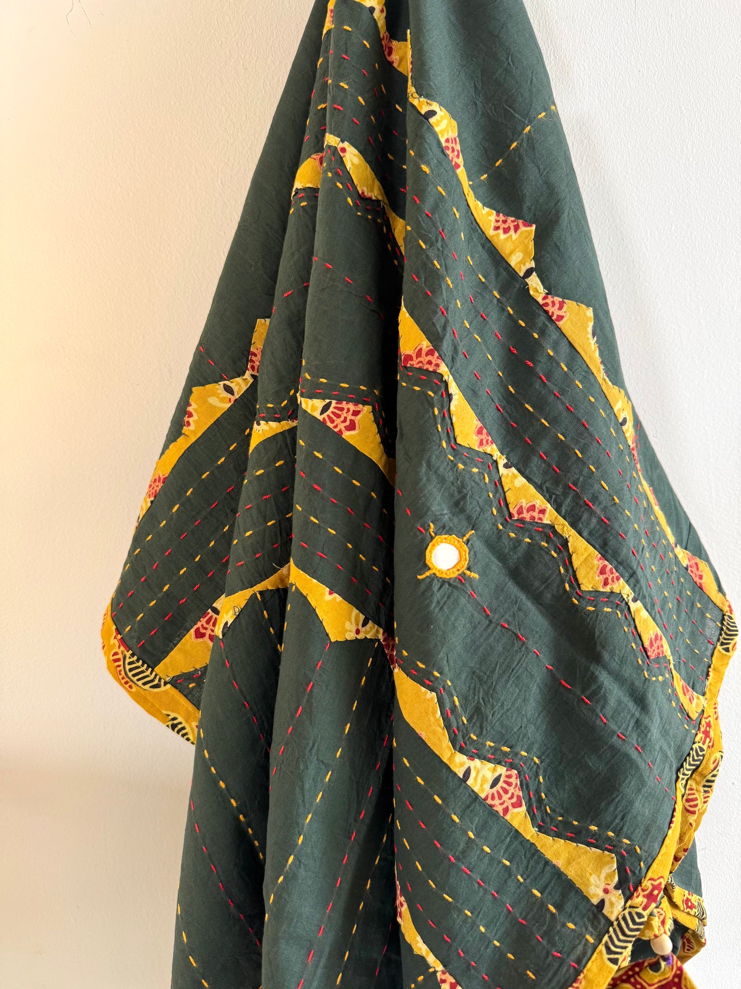 Ajrakh Applique & Kantha Embroidered Dupatta ~ Olive Green and Yellow