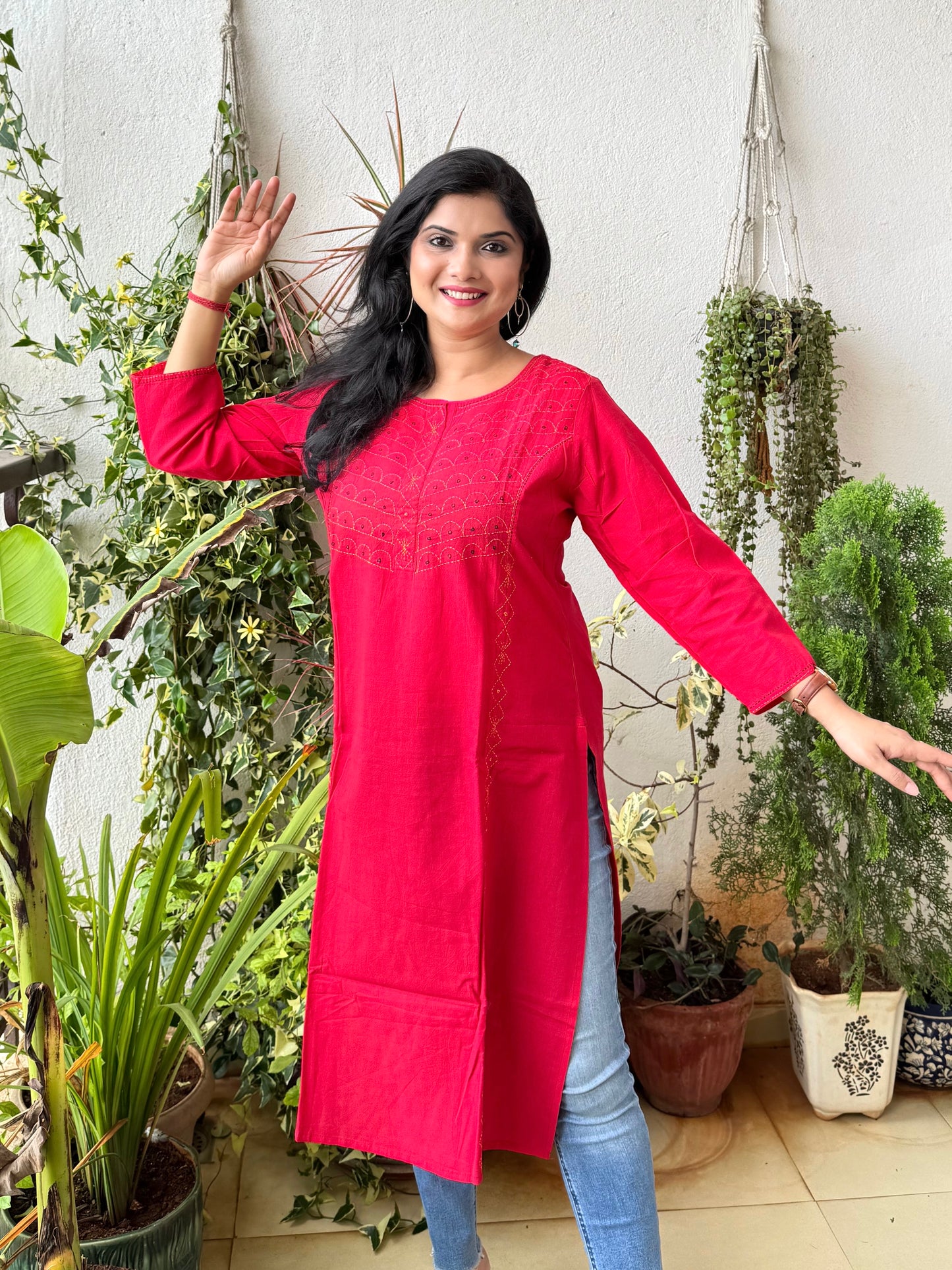 Masakali ~ Cotton Embroidered Kurti, Cherry Red 🍒
