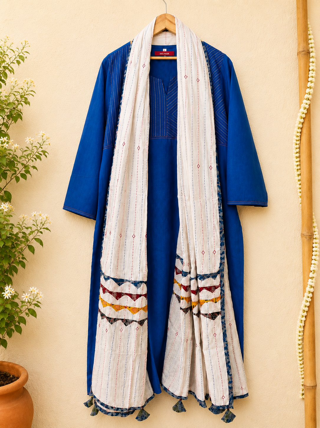 Masakali ~ Navy Blue Cotton Kantha Kurti & Dupatta Set