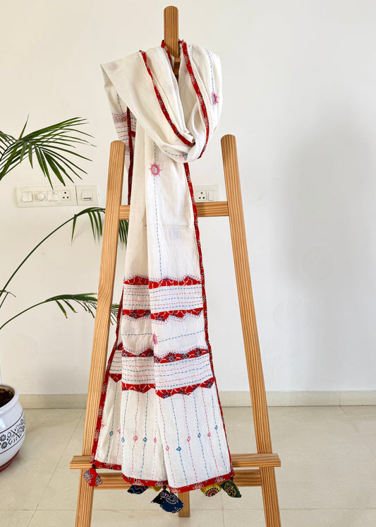 Ajrakh Applique & Kantha Embroidered Dupatta ~ White with Orange Patchwork