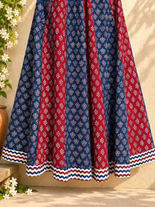 🌻 Navrang ~ Ajrakh Long Skirt ~ Multicolor w/ Zigzag Border
