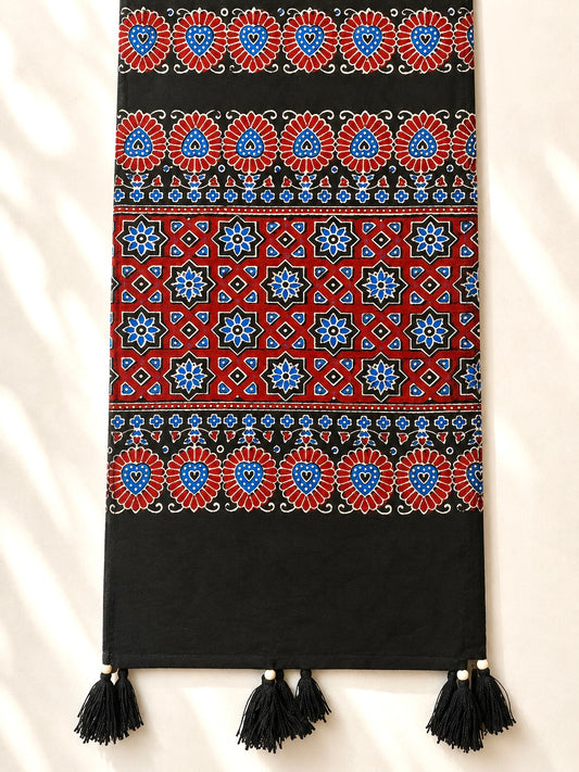 Raahi🌻Ajrakh Cotton Stoles ~ black and metallic blue w/ star motifs