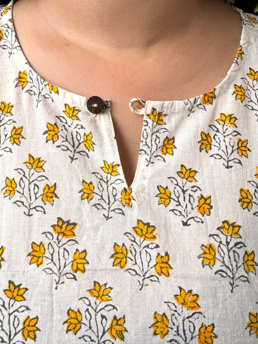 Morning Glory ~ Yellow and White Handblock Kurti