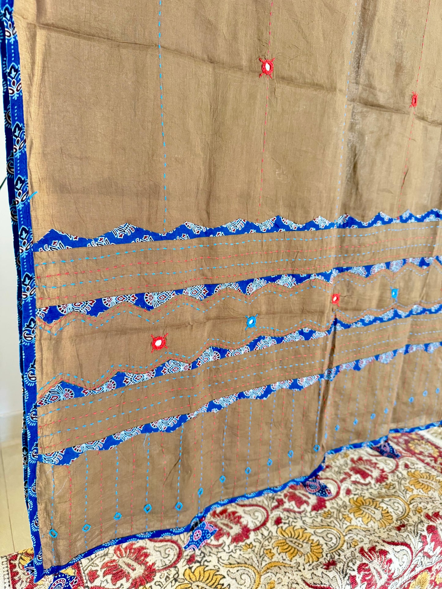 Ajrakh Applique & Kantha Embroidered Dupatta ~ Coco with Blue Patchwork
