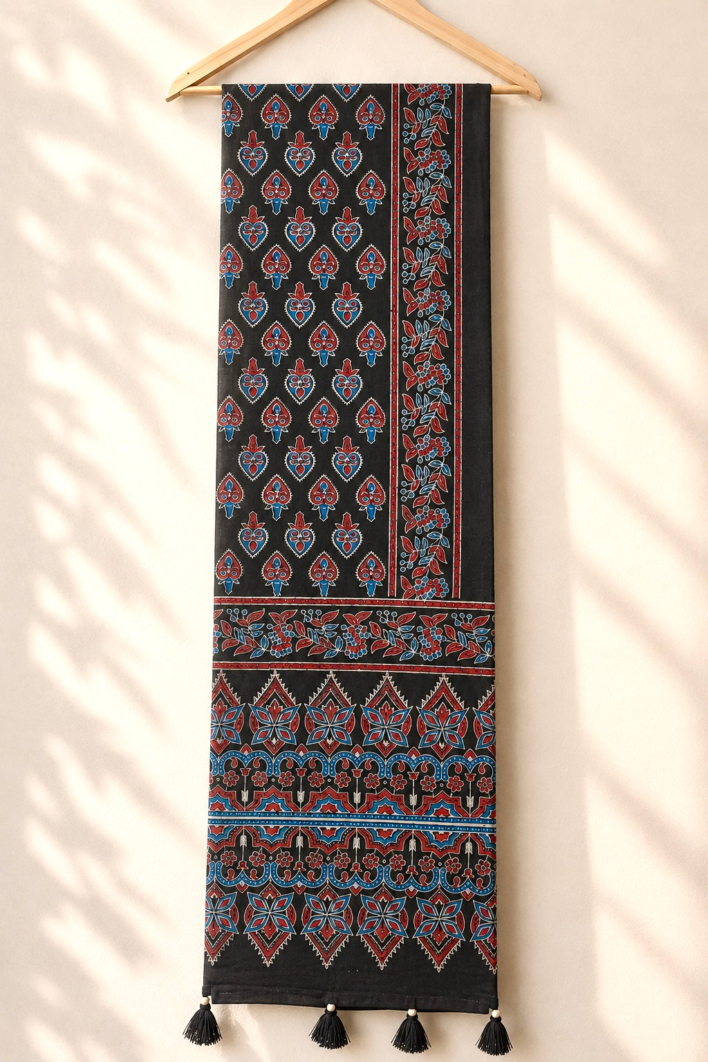 Raahi🌻Ajrakh Cotton Stoles ~ black and metallic blue w/ flower motifs