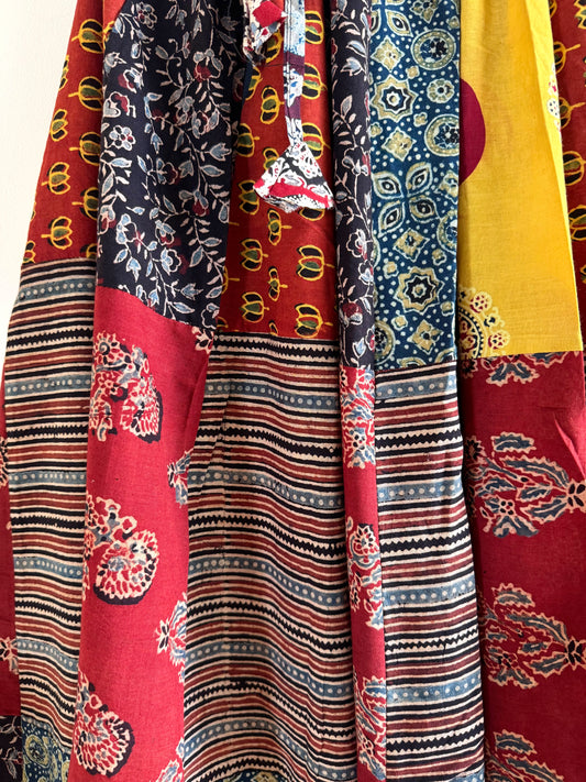 🌻Navrang ~ Ajrakh Long Skirt ~ Multicolor w/ blue polka dots