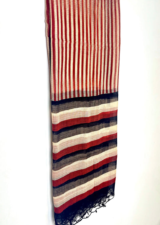 Kota Doria Bagru Handblock Dupatta ~ Black w/ Red lines