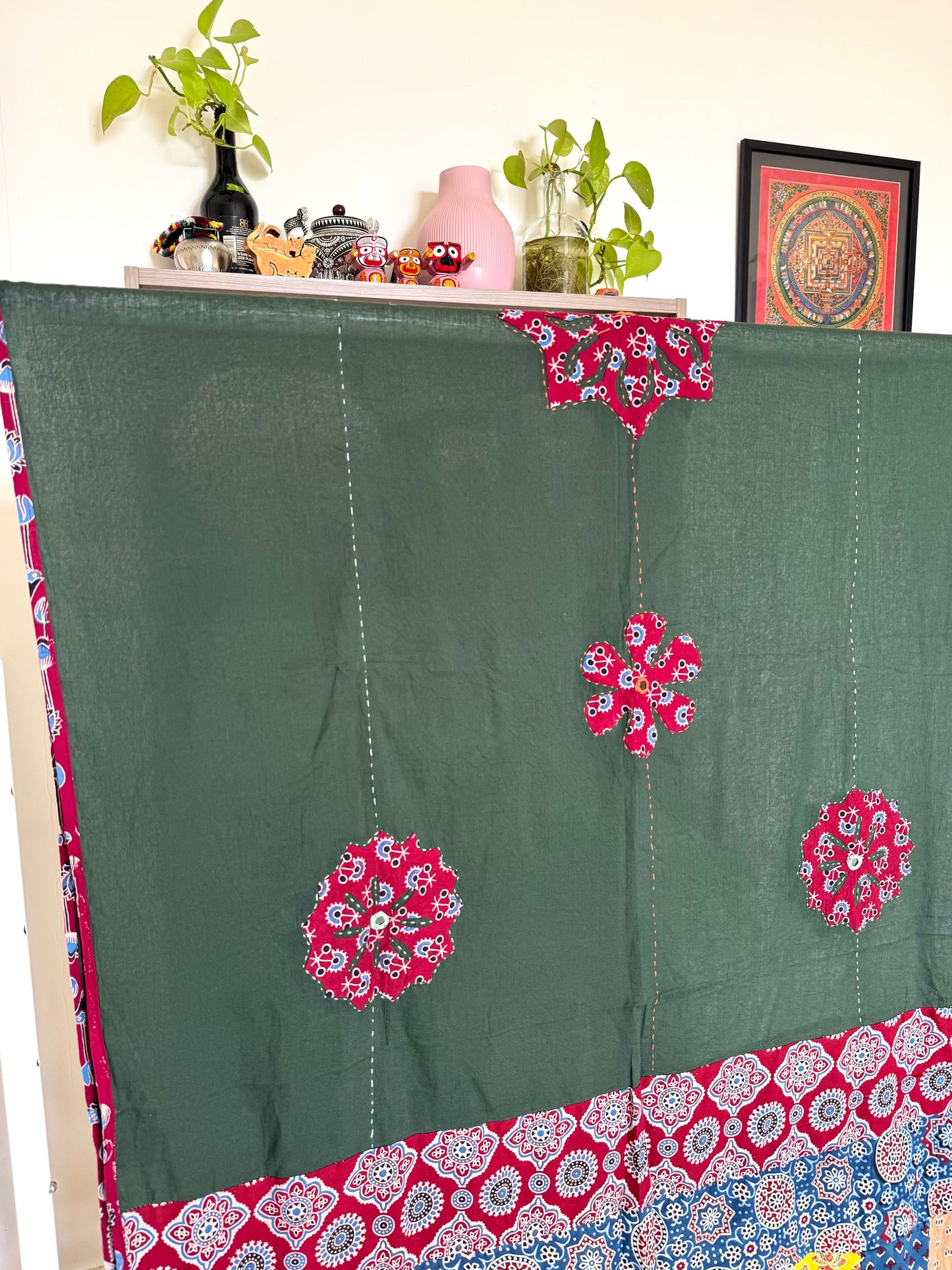 𓂃ོ⋆☀︎𓂃ᨒོ Ajrakh, Applique & Kantha Embroidered Dupatta ~ Olive Green with Ruby Crystals𑁍ࠬ