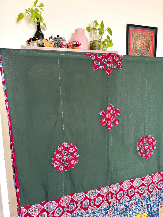 𓂃ོ⋆☀︎𓂃ᨒོ Ajrakh, Applique & Kantha Embroidered Dupatta ~ Olive Green with Ruby Crystals𑁍ࠬ