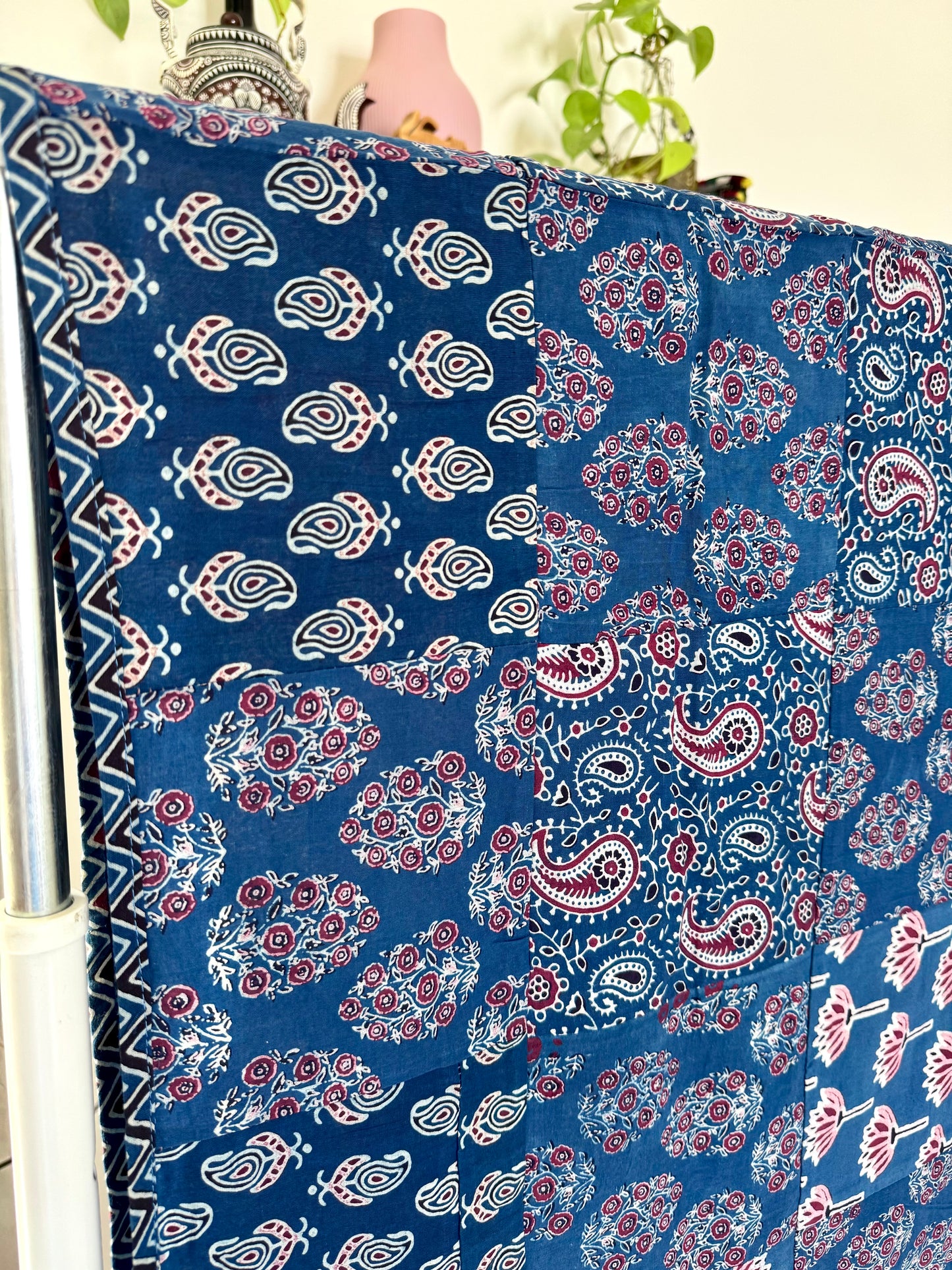 Ajrakh Applique & Kantha Embroidered Dupatta ~ Blue Chequered