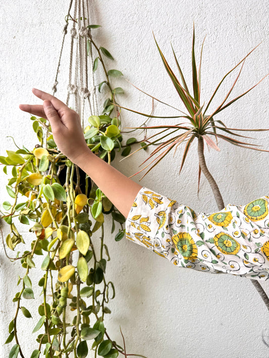 Daffodils ~ Green, Yellow and White Handblock Kurti