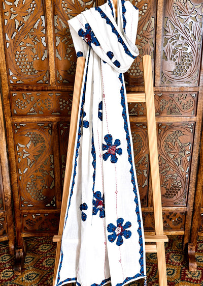 Ajrakh Applique & Kantha Embroidered ~ Indigo Phool Dupatta
