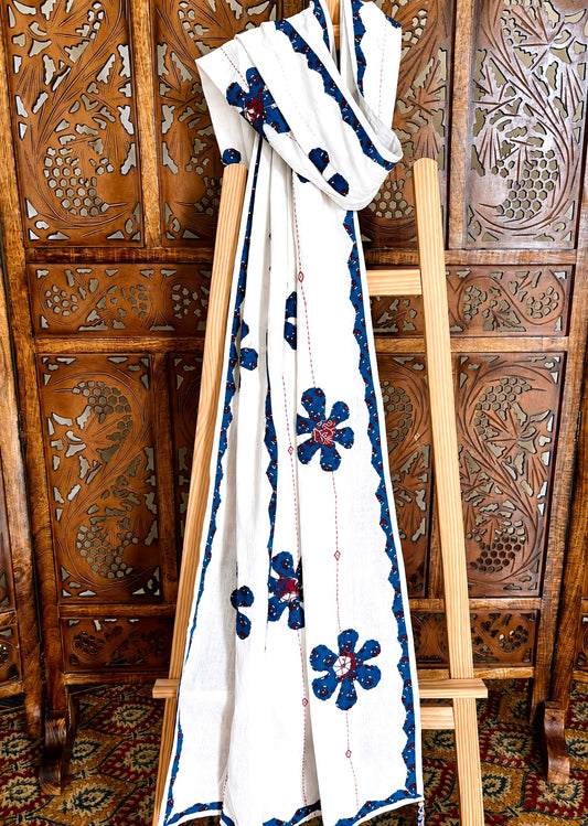 Ajrakh Applique & Kantha Embroidered ~ Indigo Phool Dupatta