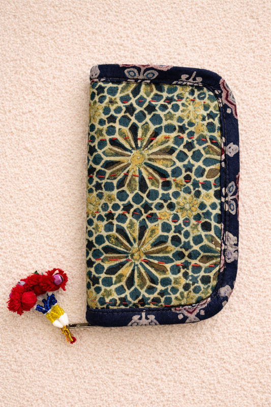 Swadesh ~ Ajrakh Handcrafted Wallets ~ Green Grunge Flowers
