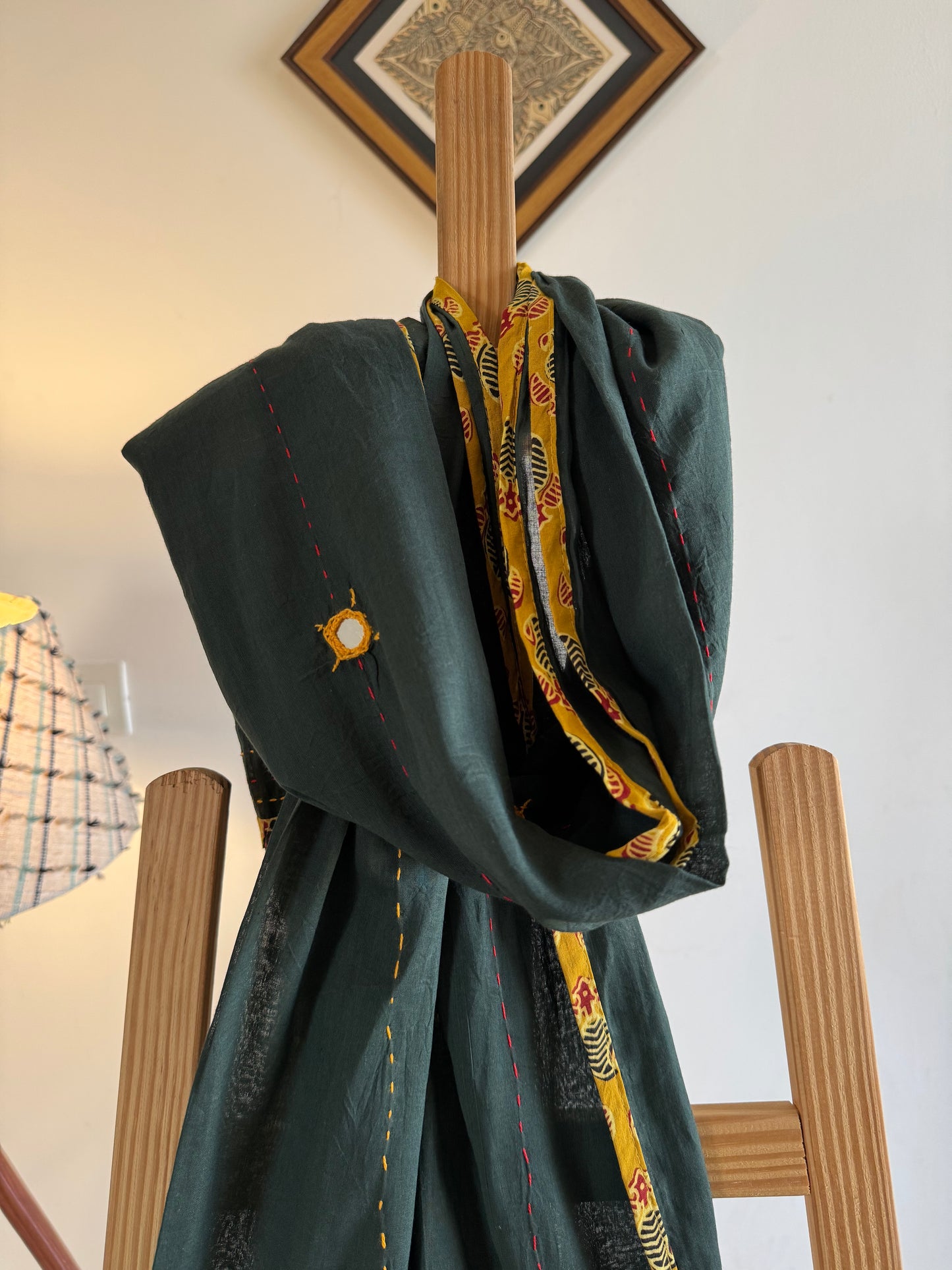 Ajrakh Applique & Kantha Embroidered Dupatta ~ Olive Green and Yellow
