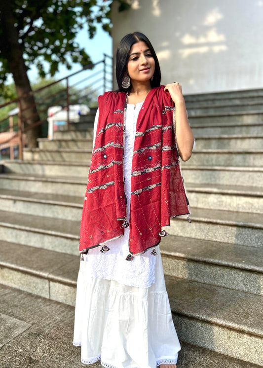 Ajrakh Applique & Kantha Embroidered Dupatta ~ Deep Red with Kantha Work