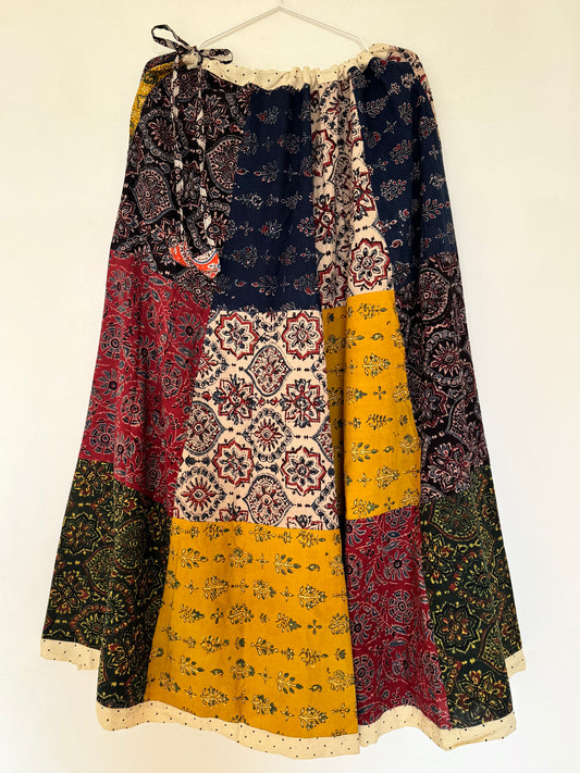 🌻Navrang ~ Ajrakh Handcrafted Long Skirt ~ Multicolor w/ cream polka border