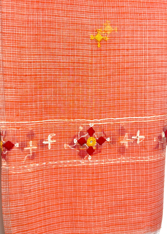 Kota Doria Hand Embroidered Dupatta ~ Peach w/ red flowers