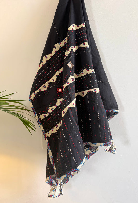 Ajrakh Applique & Kantha Embroidered Dupatta ~ Black & Cream