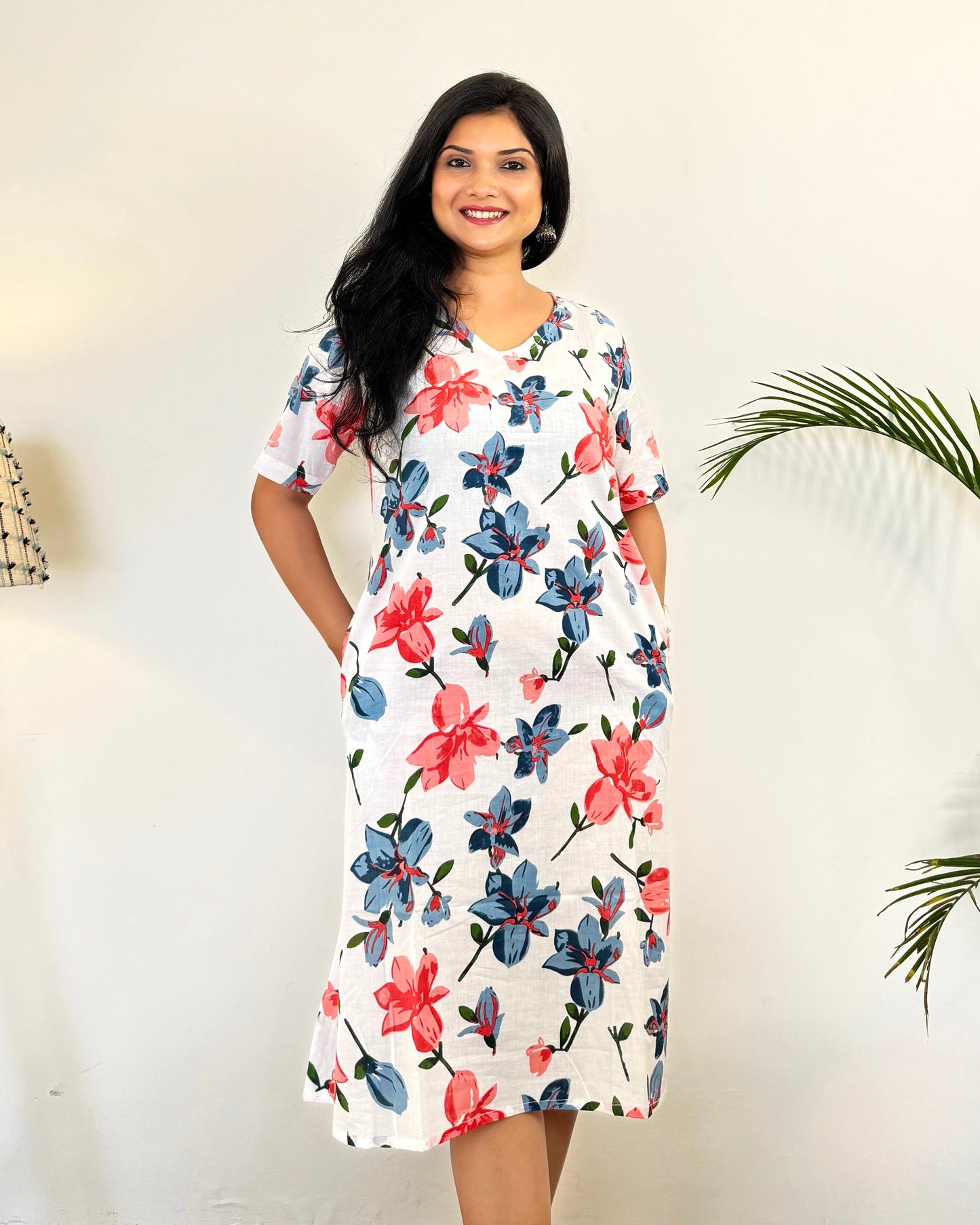 Khushi ~ White & Pink Cotton Dress ~ Spring Lilies