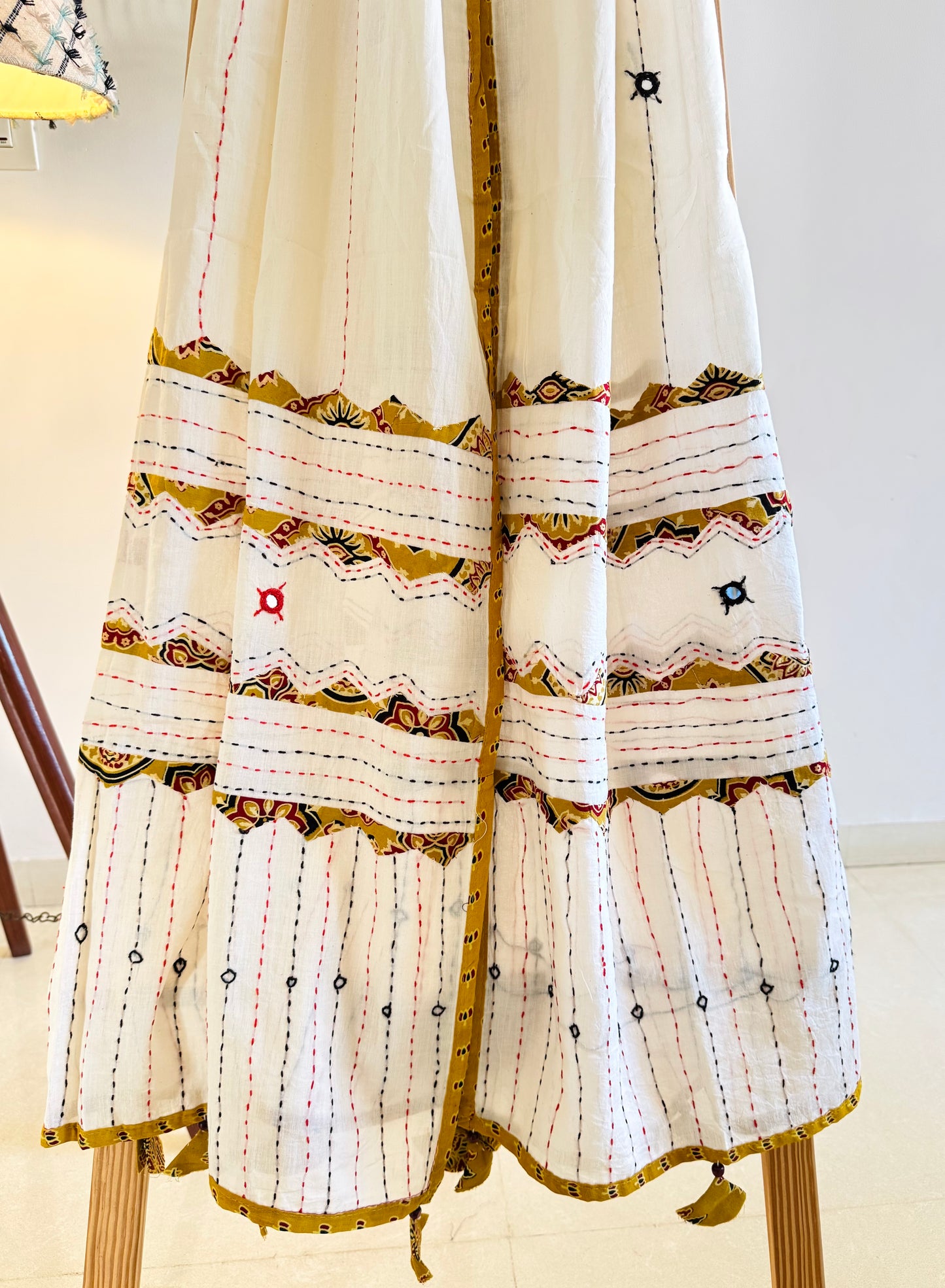 Ajrakh Applique & Kantha Embroidered Dupatta ~ White with Yellow Patchwork